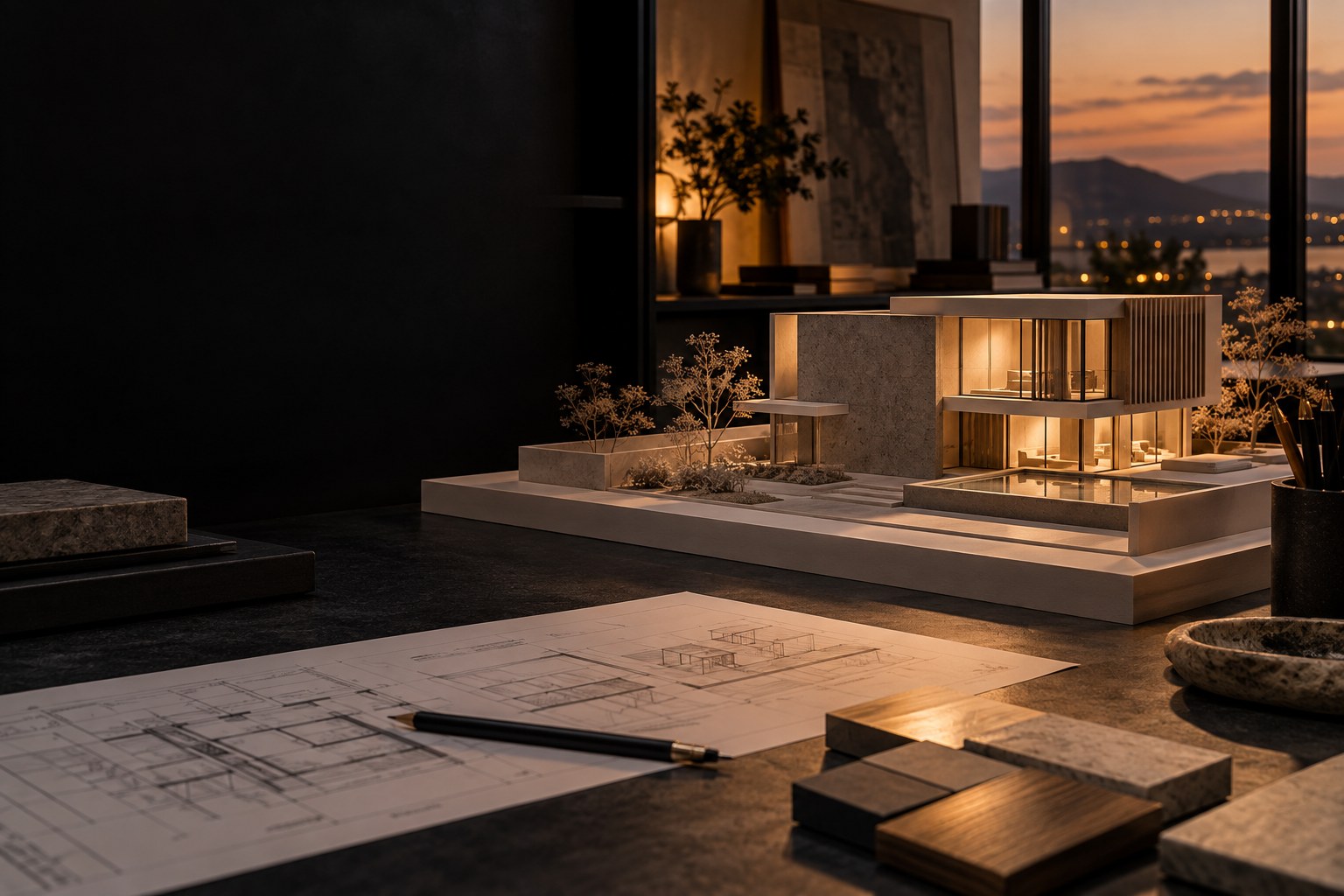 Maquete arquitetônica conceitual sobre uma mesa de criação