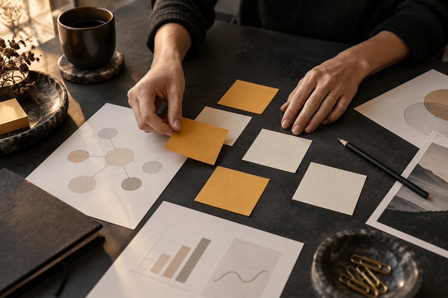 Mesa de planejamento conceitual com anotações e materiais de trabalho